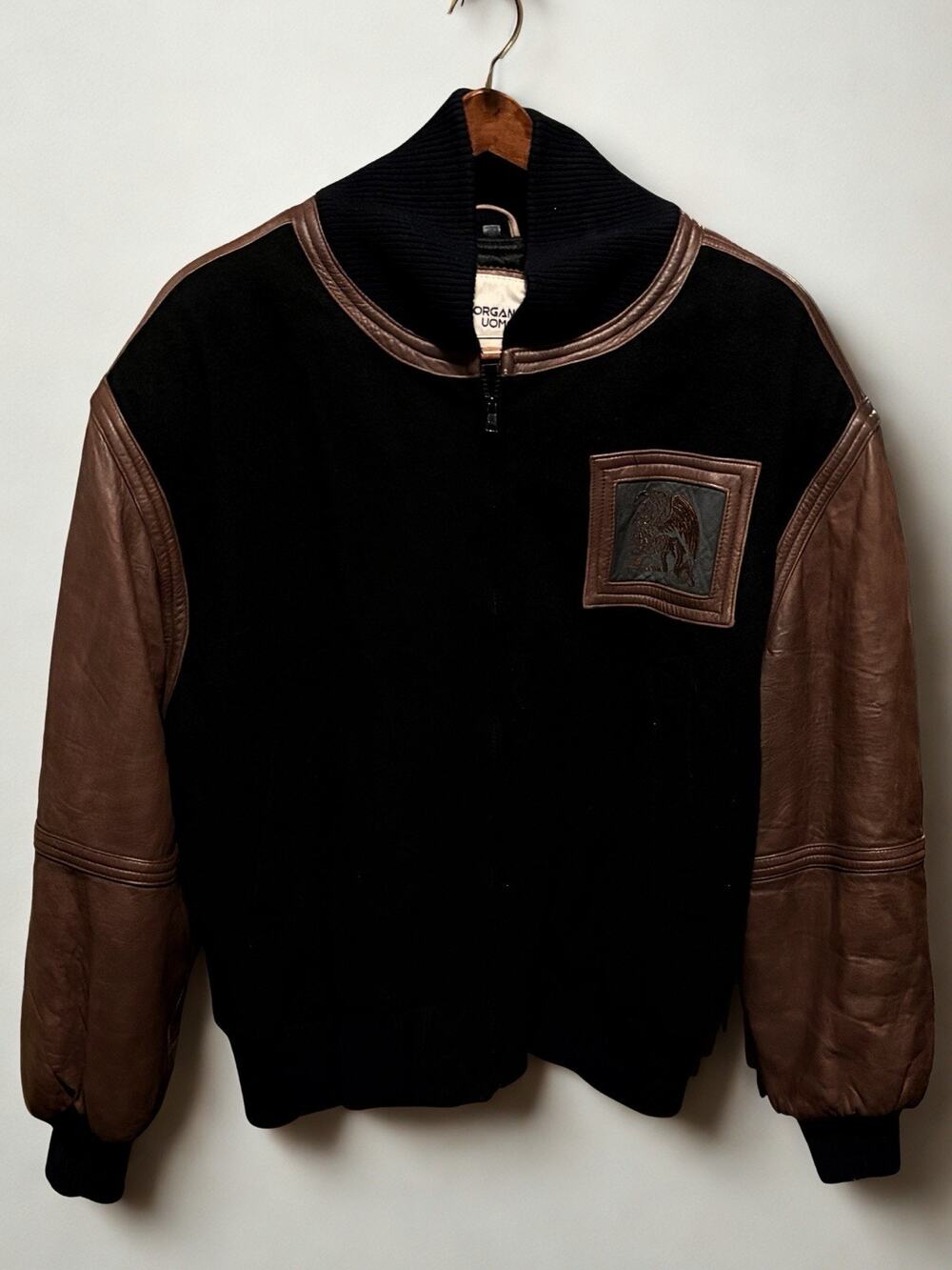 Morgano Uomo Cashmere Wool Bomber Leather Sleeves Griffin Patch 52 XL